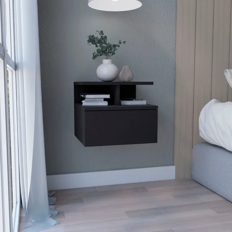 12" Black Wood One Drawer Floating Nightstand