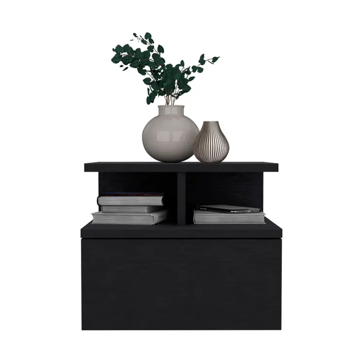 12" Black Wood One Drawer Floating Nightstand