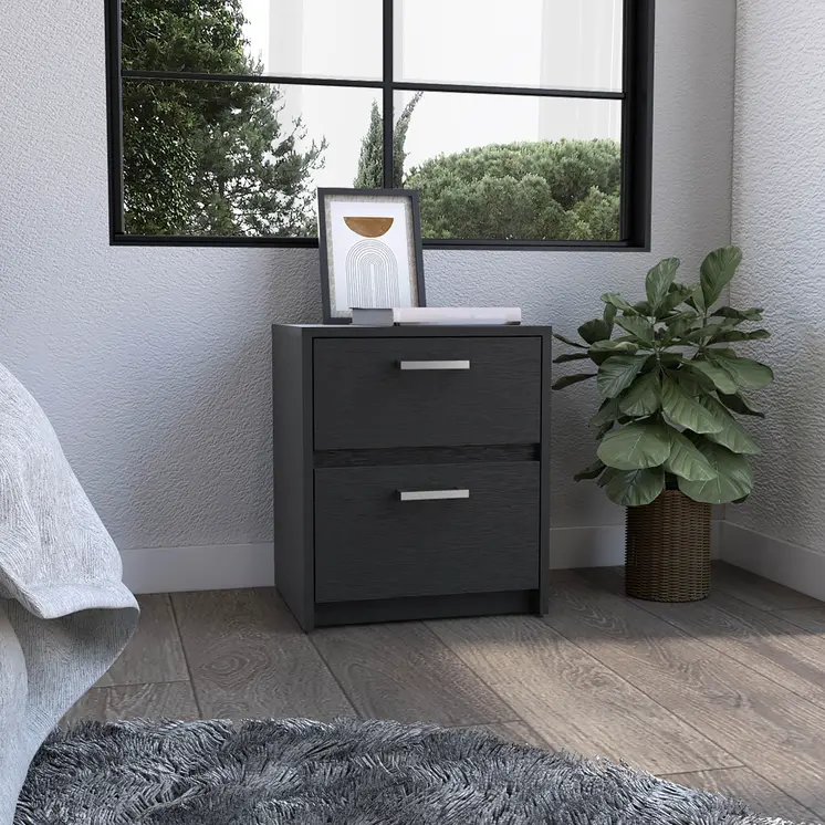 19" Black Wood Two Drawer Nightstand