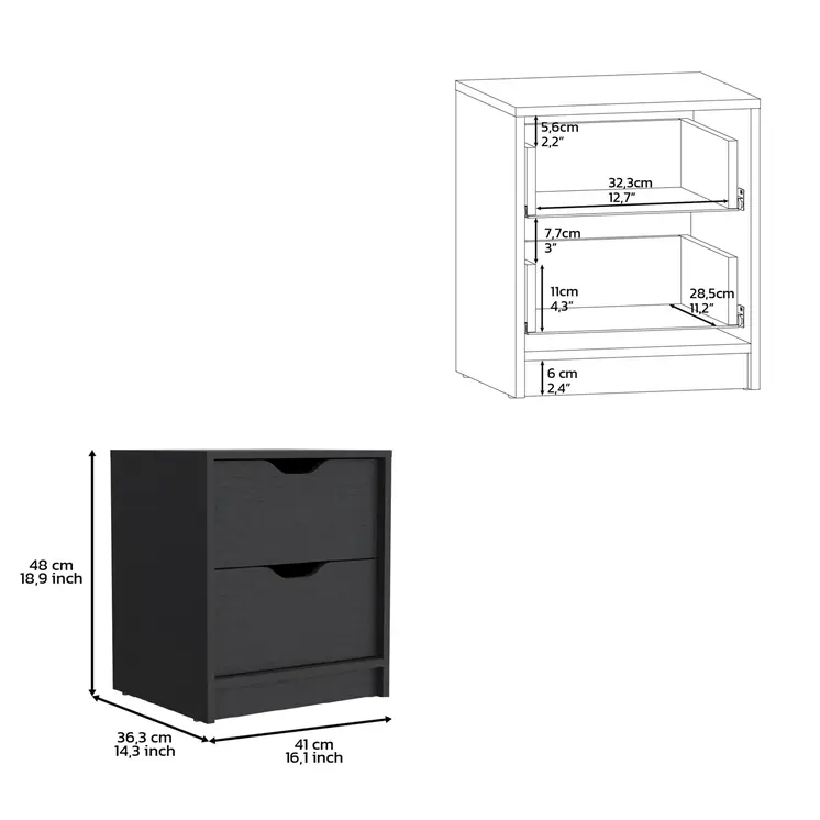 19" Black Wood Two Drawer Nightstand