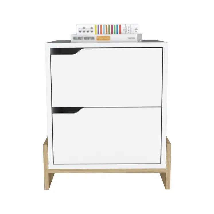 20" White And Natural Wood Two Drawer Nightstand