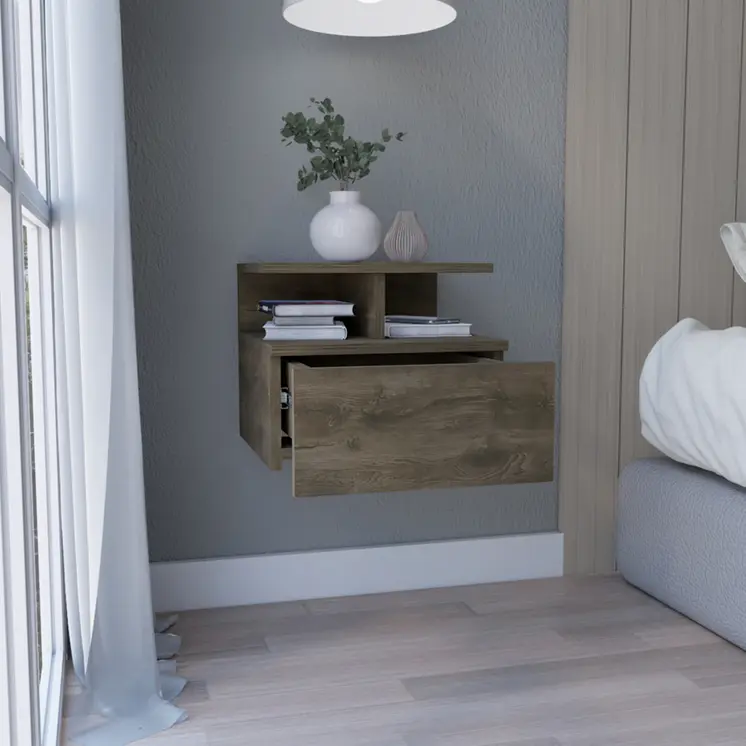 12" Brown Wood One Drawer Floating Nightstand