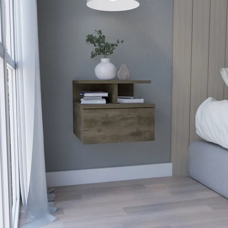 12" Brown Wood One Drawer Floating Nightstand