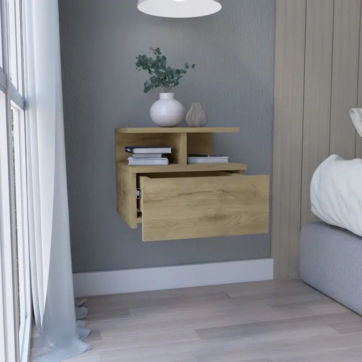 12" Beige Wood One Drawer Floating Nightstand