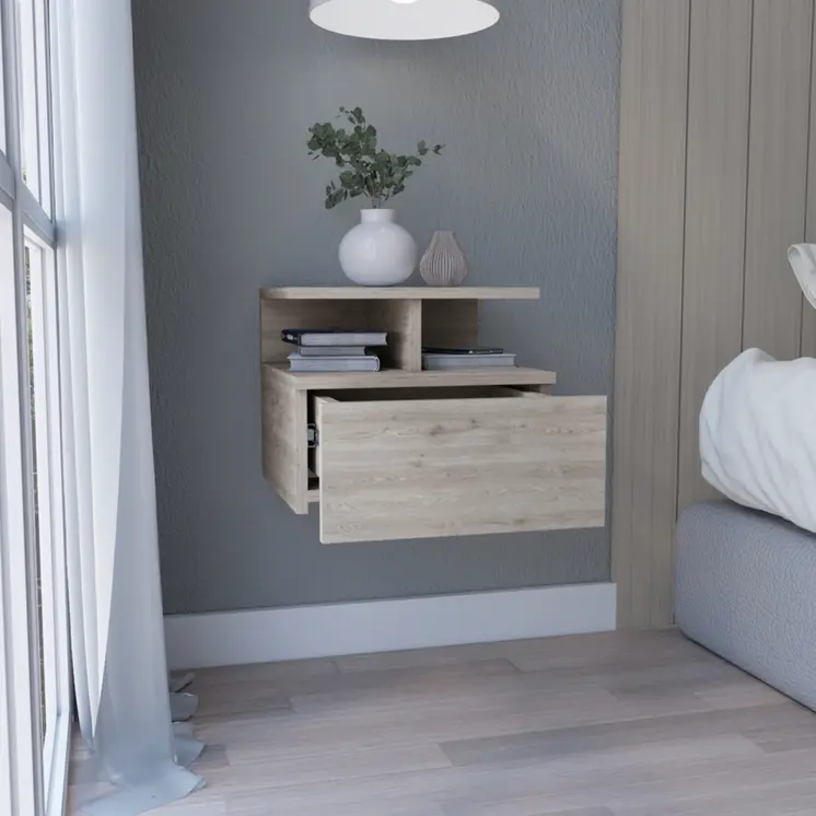 12" Gray Wood One Drawer Floating Nightstand
