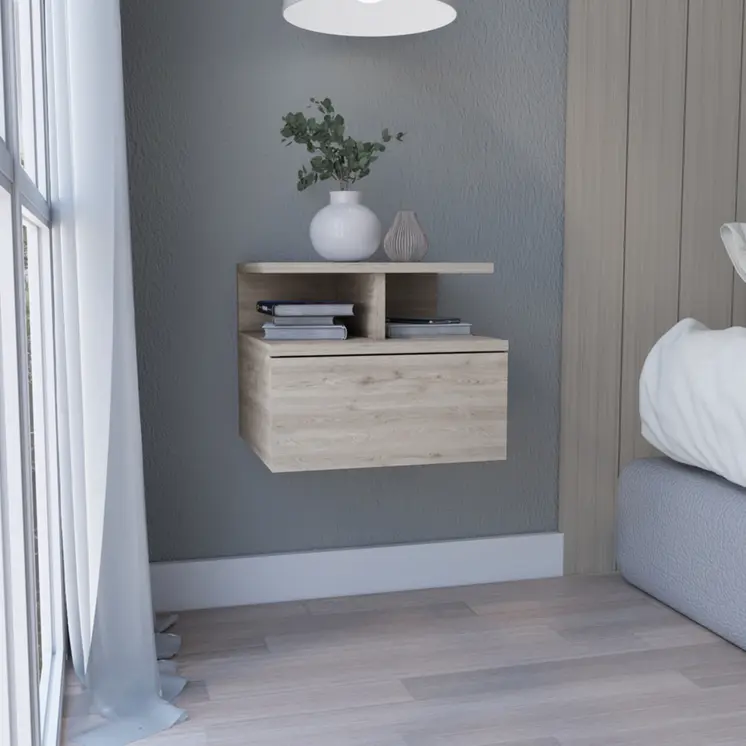 12" Gray Wood One Drawer Floating Nightstand