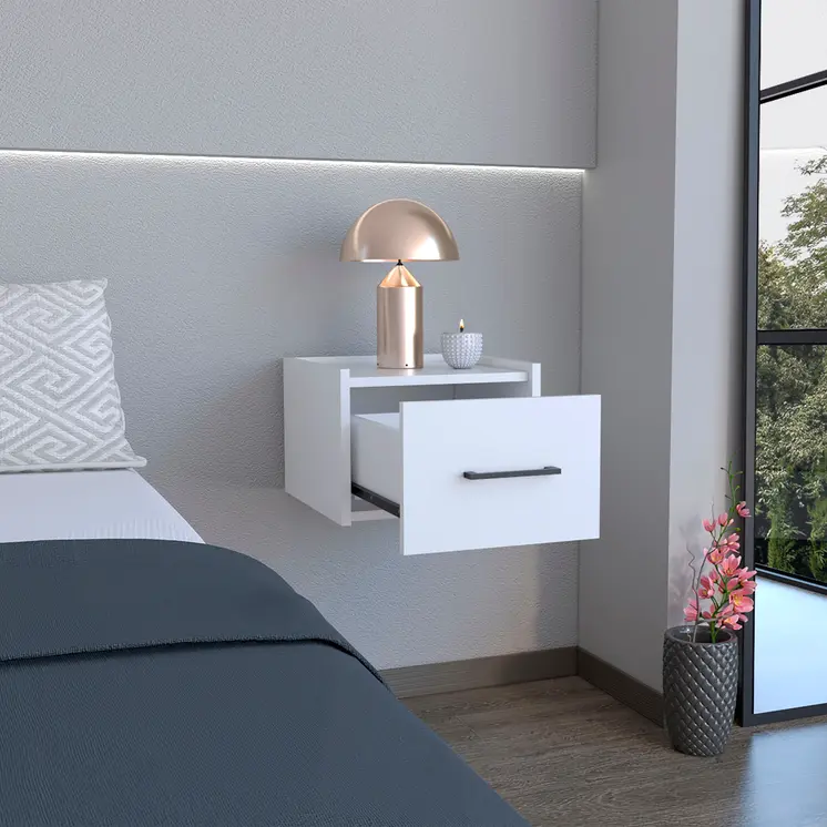 10" White Wood One Drawer Floating Nightstand