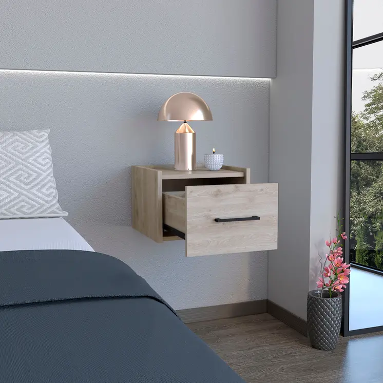 10" Gray Wood One Drawer Floating Nightstand