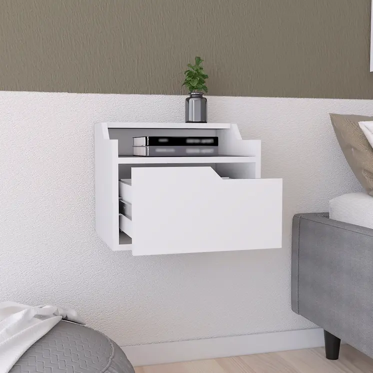 13" White Wood One Drawer Floating Nightstand