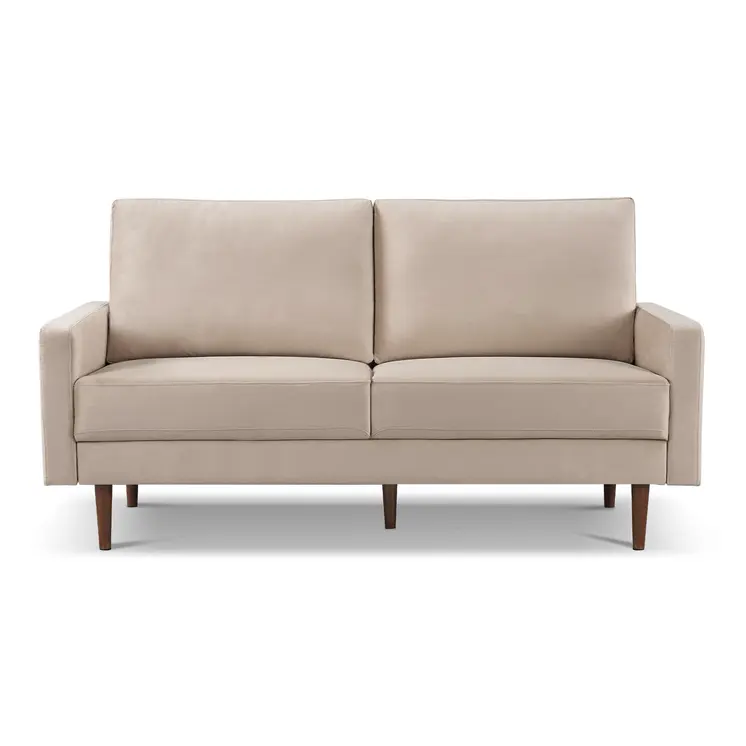 69" Beige Velvet Sofa With Dark Brown Legs