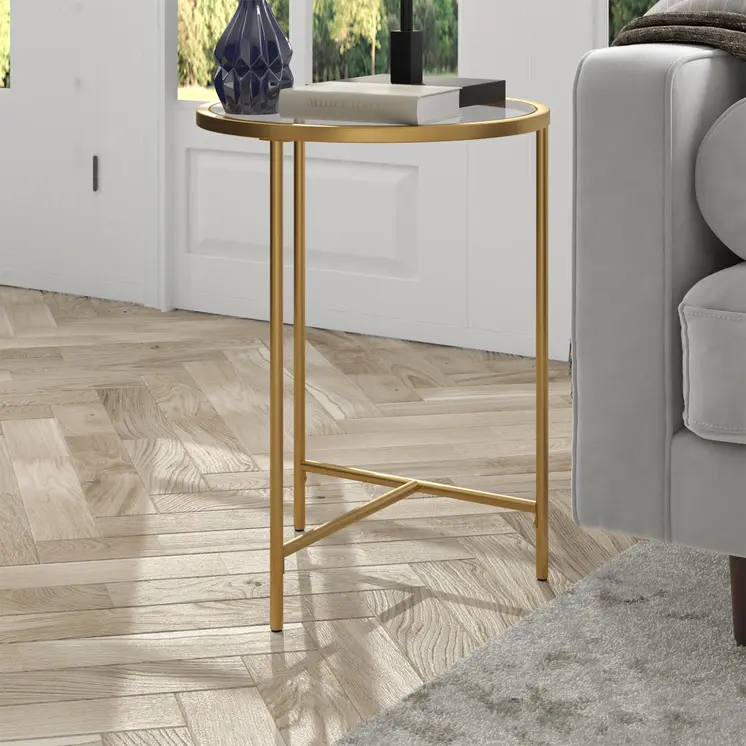24" Gold And Clear Glass And Steel Round End Table