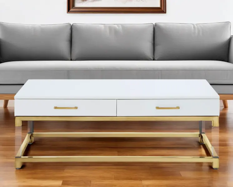 47" White Gold And Clear Wood Acrylic And Steel Coffee Table
