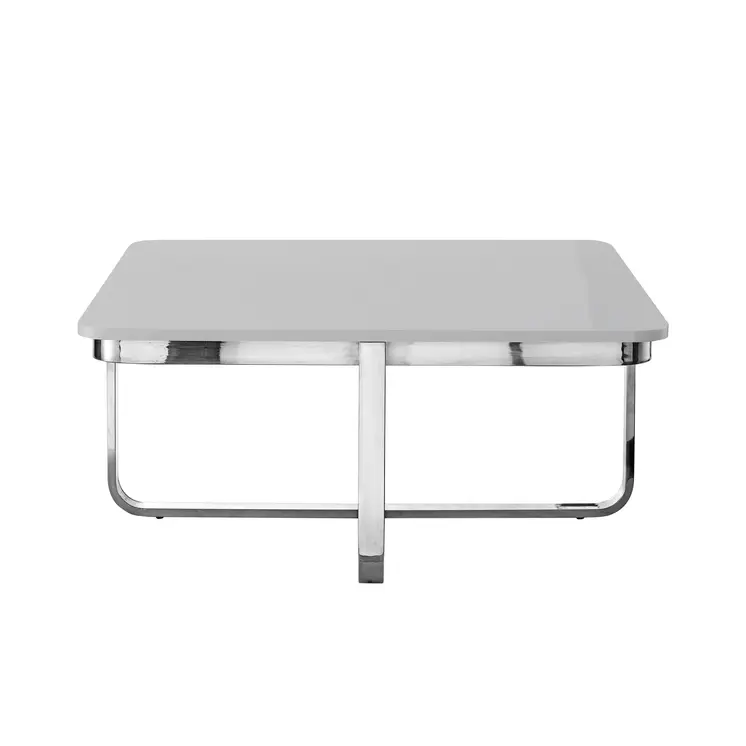 35" Light Gray And Silver Metallic Wood And Stainless Steel Square Coffee Table