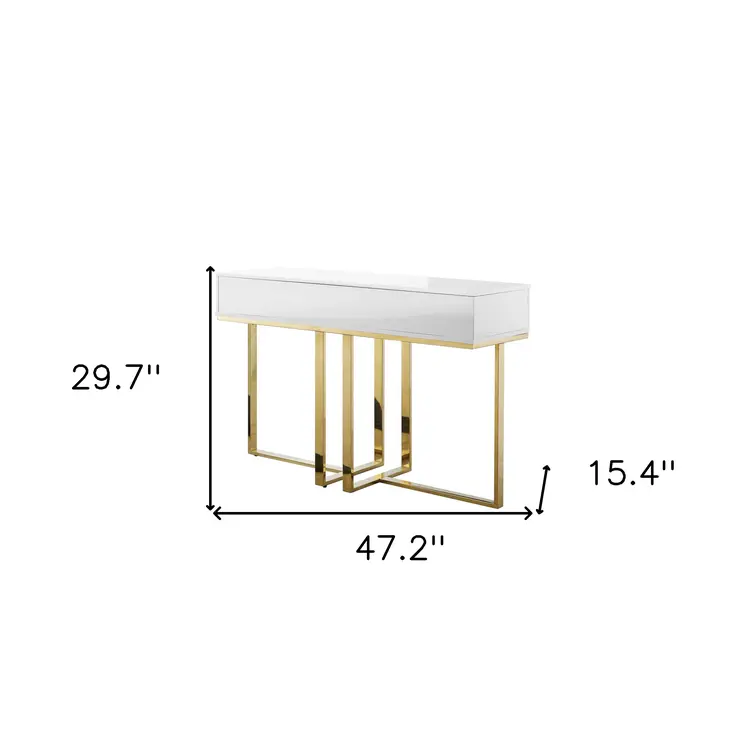 47" White Wood and Gold Stainless Steel Sled Console Table With Two Drawers