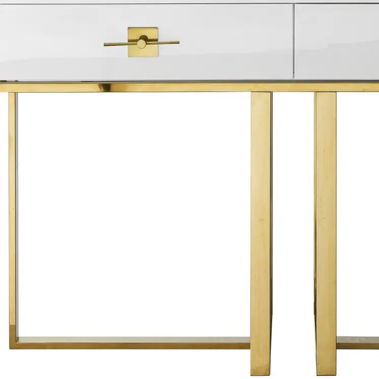 47" White Wood and Gold Stainless Steel Sled Console Table With Two Drawers