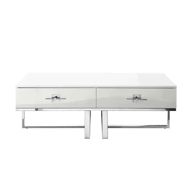 47" White And Silver Metallic Wood And Stainless Steel Coffee Table