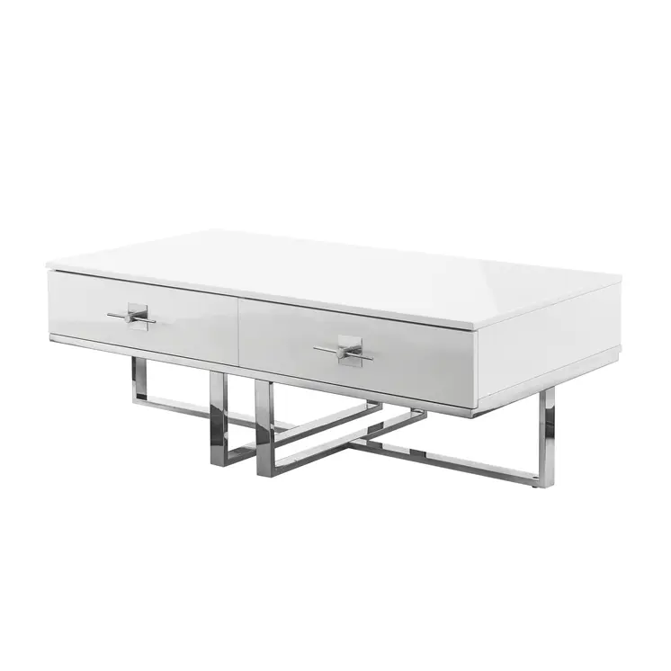 47" White And Silver Metallic Wood And Stainless Steel Coffee Table