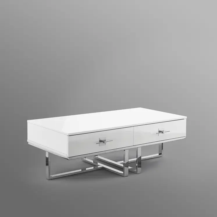 47" White And Silver Metallic Wood And Stainless Steel Coffee Table