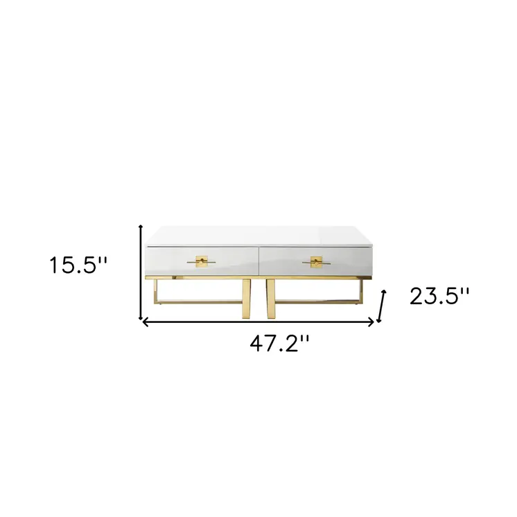 47" White And Gold Stainless Steel Coffee Table With Two Drawers