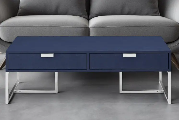 46" Navy Blue And Silver Metallic Stainless Steel Coffee Table With Two Drawers