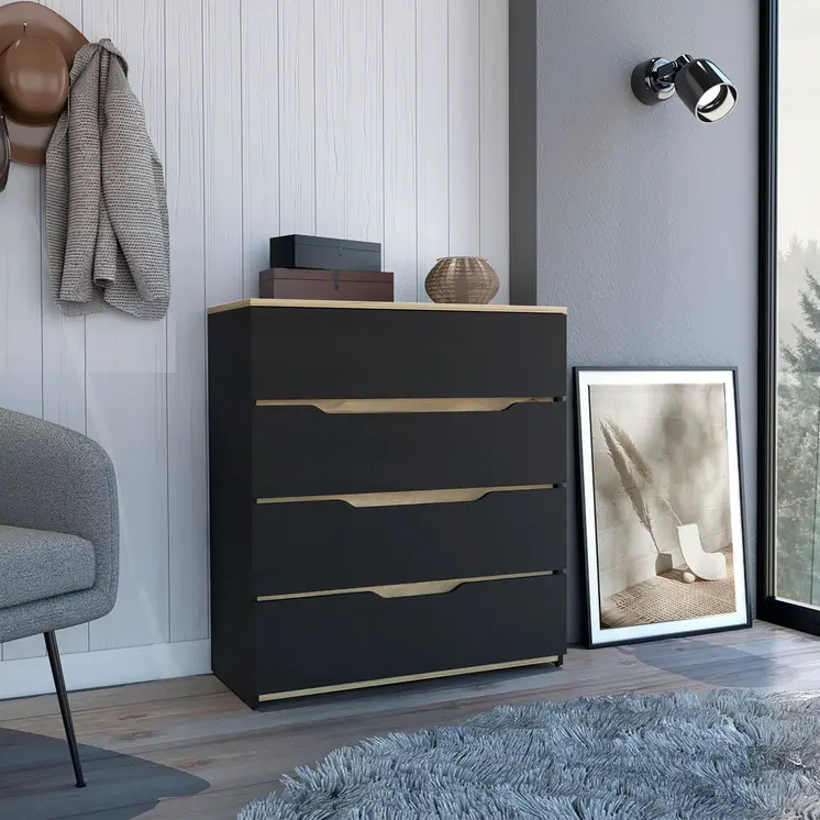 32" Natural And Black Four Drawer Dresser