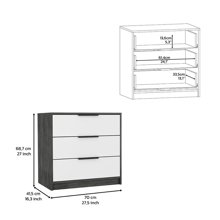 28" White and Gray Three Drawer Dresser