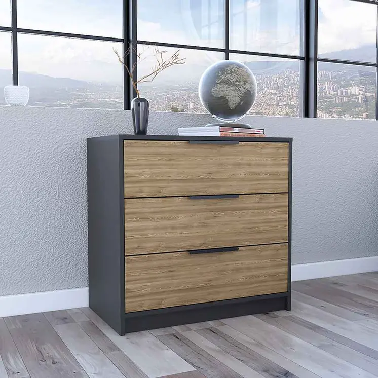 28" Natural and Black Three Drawer Dresser