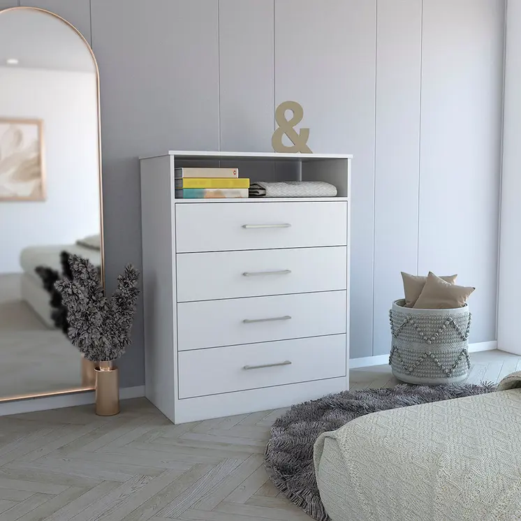 31" White Four Drawer Dresser With Open Shelf