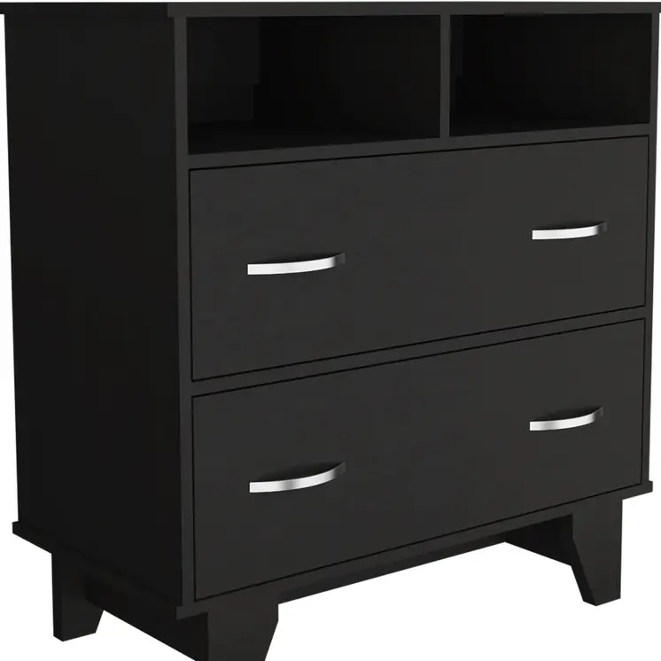 32" Black Two Drawer Dresser With Open Shelving