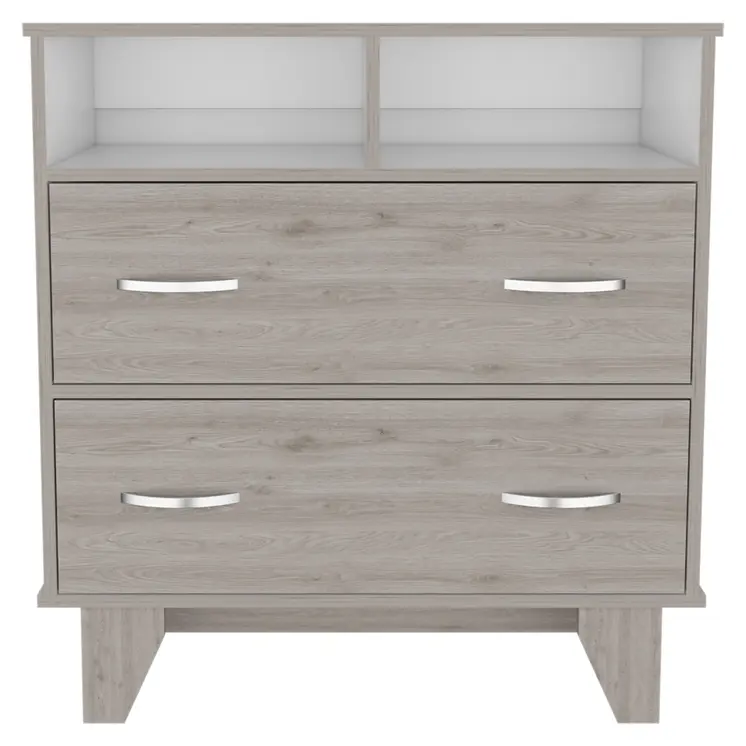 32" Light Gray Two Drawer Dresser With Open Shelving