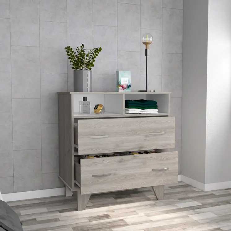 32" Light Gray Two Drawer Dresser With Open Shelving