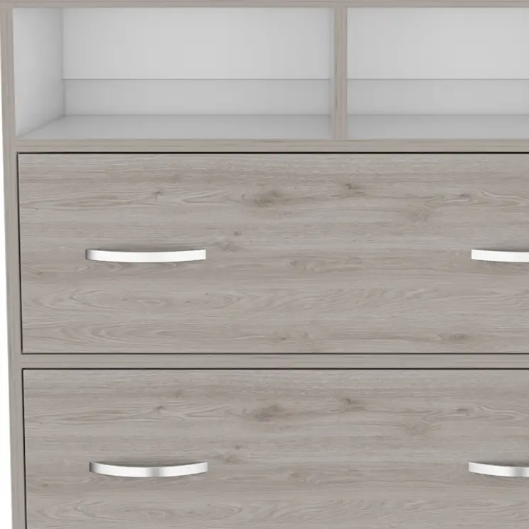 32" Light Gray Two Drawer Dresser With Open Shelving