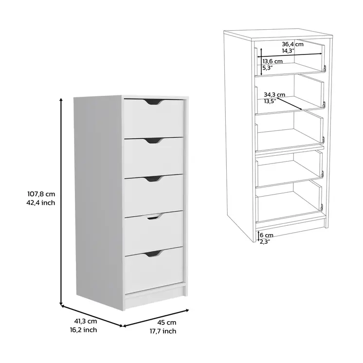 18" White Five Drawer Standard Chest