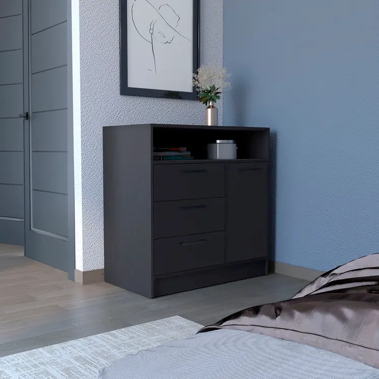 36" Black Three Drawer Combo Dresser With Open Shelf