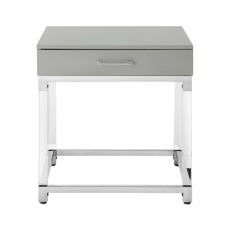 24" Light Gray Clear And Silver Wood Acrylic And Stainless Steel Square Frame End Table With Drawer