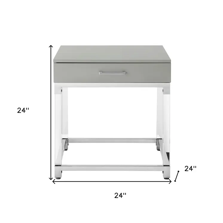 24" Light Gray Clear And Silver Wood Acrylic And Stainless Steel Square Frame End Table With Drawer