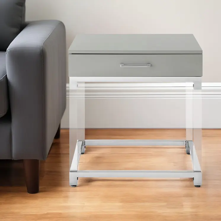 24" Light Gray Clear And Silver Wood Acrylic And Stainless Steel Square Frame End Table With Drawer