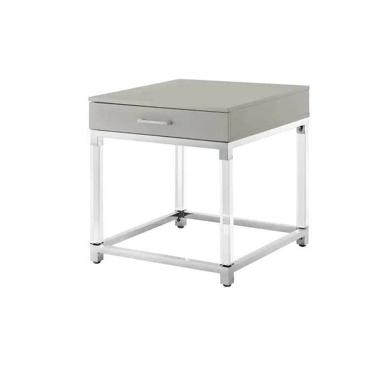 24" Light Gray Clear And Silver Wood Acrylic And Stainless Steel Square Frame End Table With Drawer