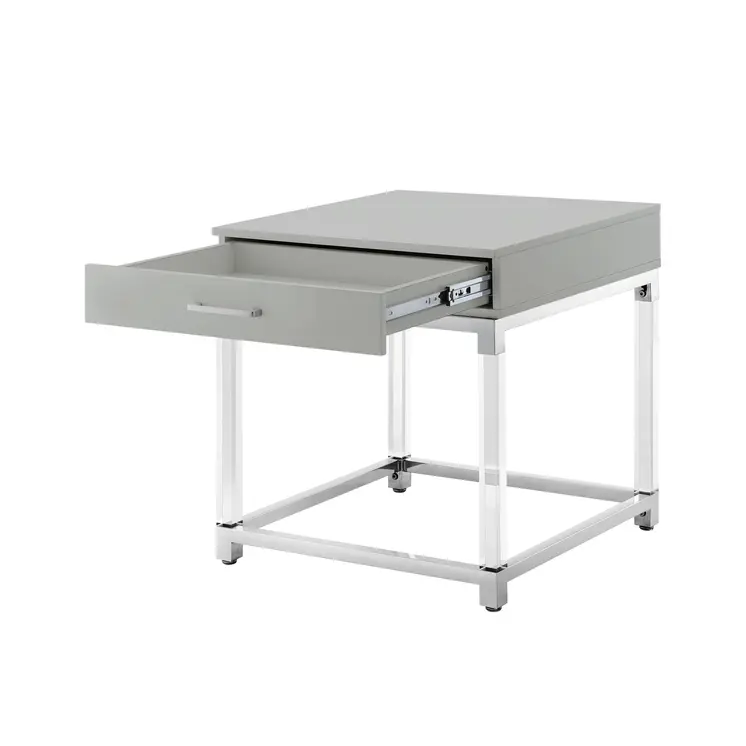24" Light Gray Clear And Silver Wood Acrylic And Stainless Steel Square Frame End Table With Drawer