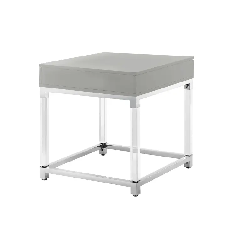 24" Light Gray Clear And Silver Wood Acrylic And Stainless Steel Square Frame End Table With Drawer