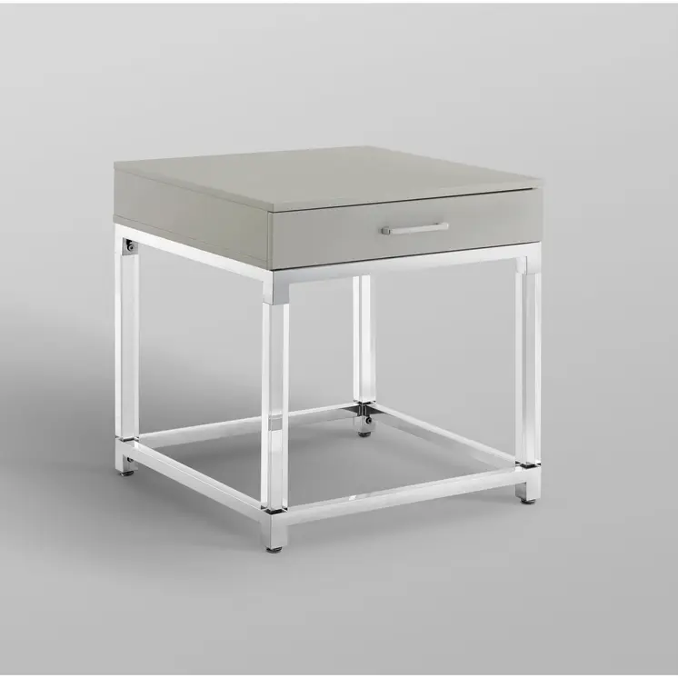 24" Light Gray Clear And Silver Wood Acrylic And Stainless Steel Square Frame End Table With Drawer