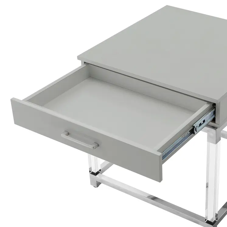 24" Light Gray Clear And Silver Wood Acrylic And Stainless Steel Square Frame End Table With Drawer