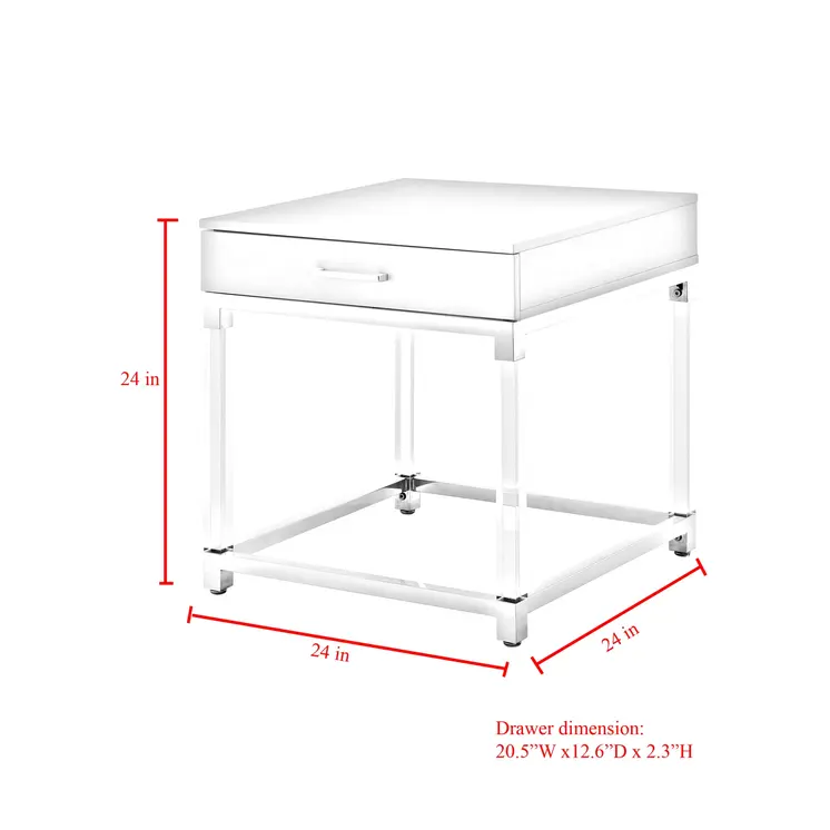 24" Light Gray Clear And Silver Wood Acrylic And Stainless Steel Square Frame End Table With Drawer