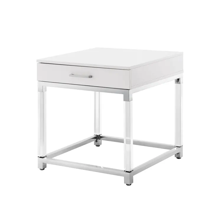 24" Silver Metallic And White Square End Table With Drawer