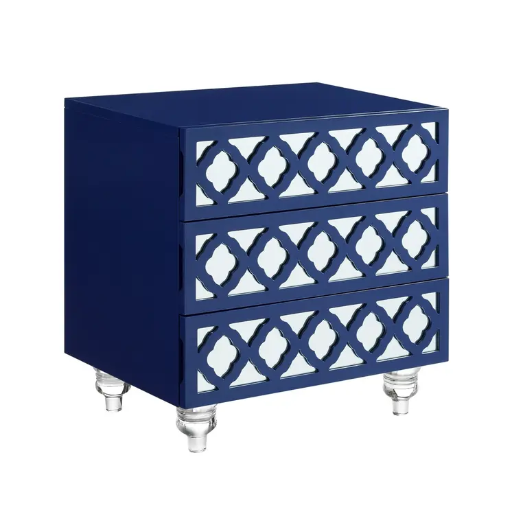 24" Navy Blue and Clear Wood and Acrylic End Table With Three Drawers