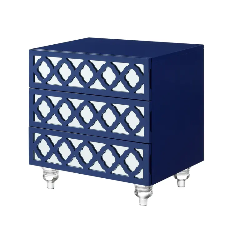 24" Navy Blue and Clear Wood and Acrylic End Table With Three Drawers