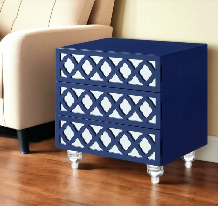 24" Navy Blue and Clear Wood and Acrylic End Table With Three Drawers