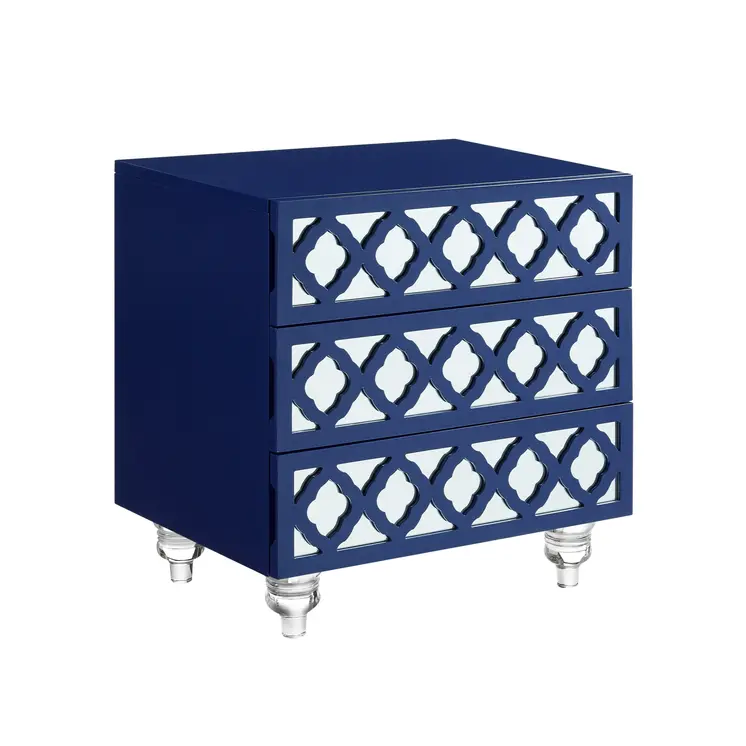 24" Navy Blue and Clear Wood and Acrylic End Table With Three Drawers