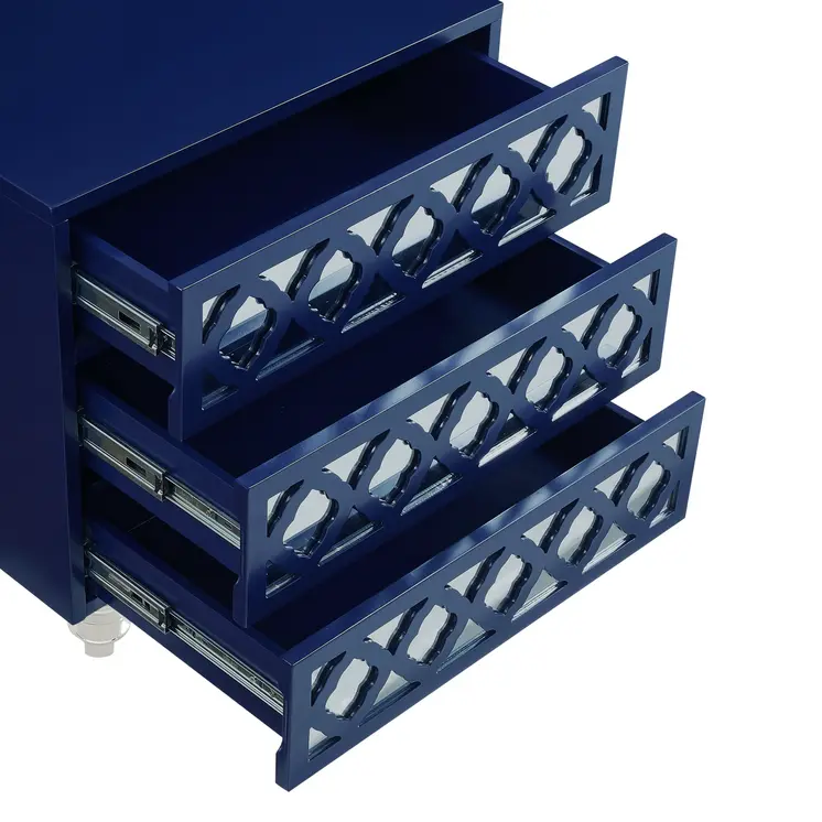 24" Navy Blue and Clear Wood and Acrylic End Table With Three Drawers