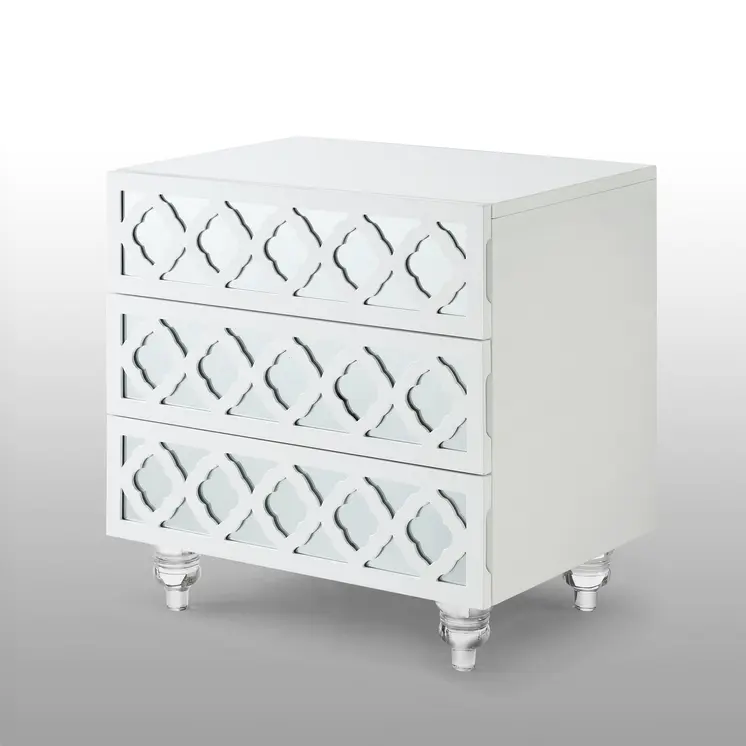24" Clear And White Wood Mirrored End Table With Three Drawers